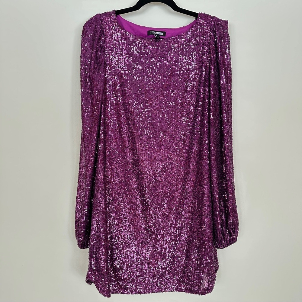 Steve Madden Fuchsia Sequin Mini Dress Long Sleeve Party Dress Fully Lined